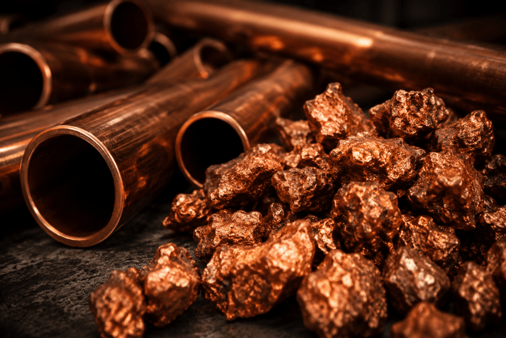 Industrial metals - copper pipes and raw copper nuggets on dark background